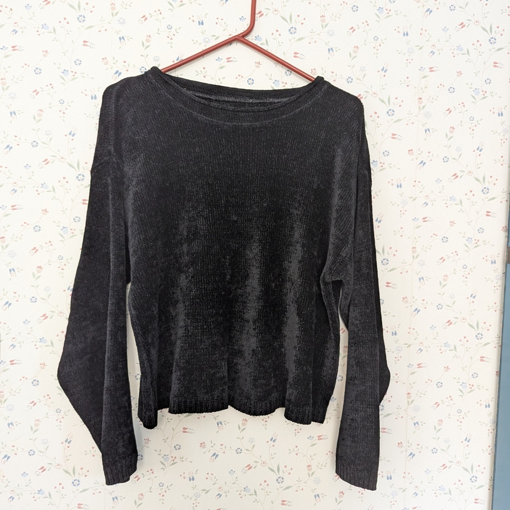 Vintage Crop Top L Velvet Velour Black Long Sleeve Lagen Look Whimsygoth Cotton